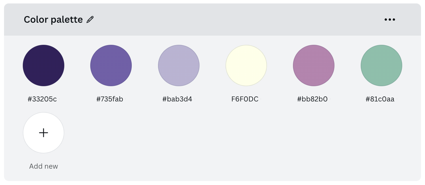 This is a series of color samples comprising the pyOpenSci color palette, which includes six equally sized circles arranged in a single row. At the top of the image is the text 'Color palette.' The circles contain the following colors, with the corresponding hex code written beneath them: dark purple hex 33205C, medium purple hex 735FAB, light purple hex BAB3D4, cream hex F6F0DC, pink hex BB92B0, and green hex 81C0AA.